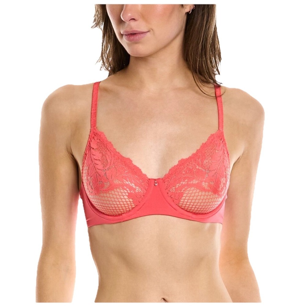 Le Mystere Lace Allure Unlined Underwire Demi Bra Sweet Coral, Sz 32G NWT